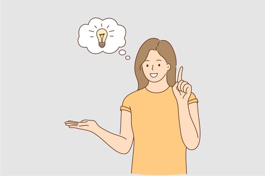 Great idea, innovation, startup concept. Young smiling woman cartoon character showing having good idea and innovation in brain with finger with lamp symbol in bubble vector illustration