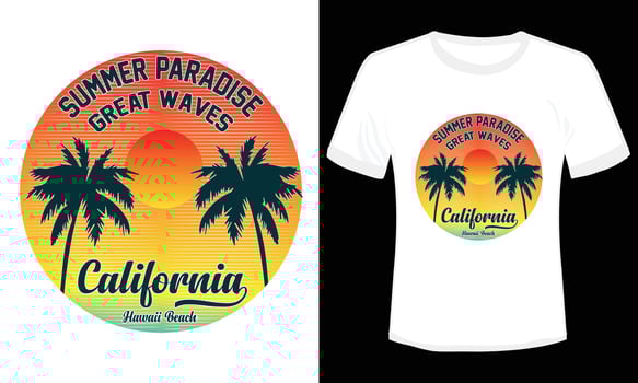 Summer Paradise Sunset Beach California T-shirt Design vector