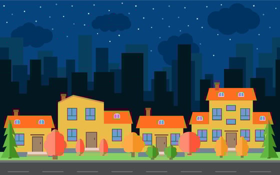 Vector night city with cartoon houses and buildings. City space with road on flat style background concept. Summer urban landscape. Street view with cityscape on a background