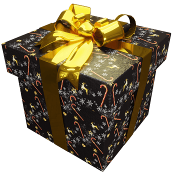 Christmas present of black and snow striped present with golden ribbon png
