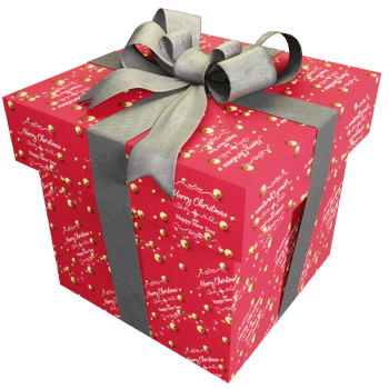 Christmas present of red background and typography striped present with gray ribbon png
