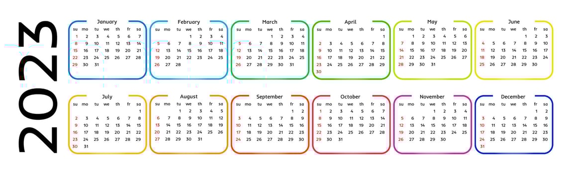 Horizontal calendar for 2023 isolated on a white background. Sunday to Monday, business template. Vector illustration