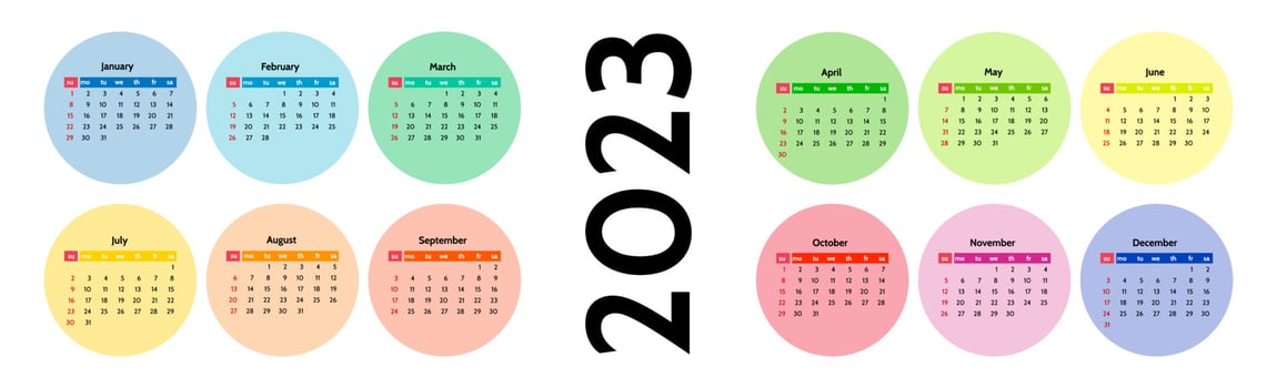 Horizontal calendar for 2023 isolated on a white background. Sunday to Monday, business template. Vector illustration