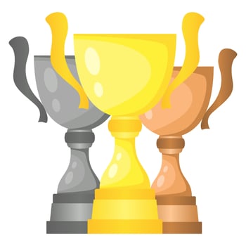 Set of vector trophy champion cups in gold, silver and bronze. Championship prizes for first, second and third place. Victory symbols isolated on white background.