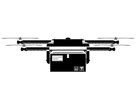 Smart delivery copter in outline style. Quadcopter flying with package box in the sky. Modern autonomous drone for drone order delivery. Vector illustration isolated on white background.
