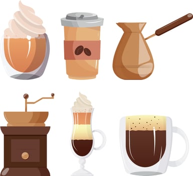 Set of coffee drinks icon vector illustration. Glass, creme, takeaway, coffee grinder. Refreshing morning hot drink for energy