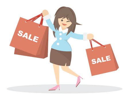 happy women with a lot of shopping bags in hands during the sale or discount at the end of season. Cartoon flat illustration isolated. png