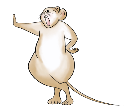 Cute tall brown doodle cartoon mouse character stand yawns sleepily. Isolate image. png
