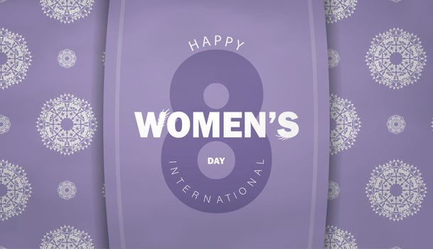 Template Greeting card 8 March purple color with vintage white ornament vector