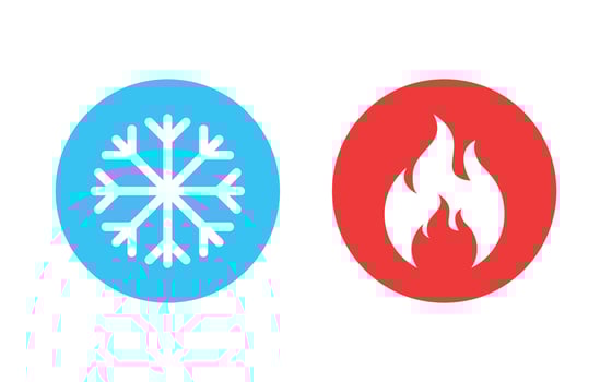Hot and cold icon in flat style. Snowflake and flame vector illustration on isolated background. Temperature sign business concept.
