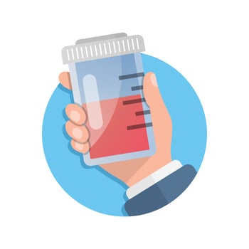 Pill bottle in hand illustration in flat style. Medical capsules vector illustration on white isolated background. Pharmacy sign business concept.