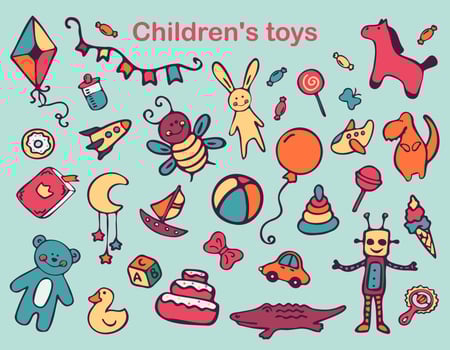 Children Toys doodle icon set. isolated Kids Toys Vector illustration collection. Hand drawn isolated toys. Vector illustration