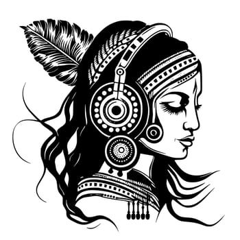 Beautiful Indian girl with headphones. Design for embroidery, tattoo, t-shirt, wood carving, cutting. vector