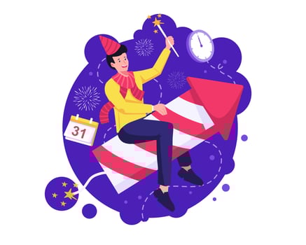 Happy New Year concept with A man riding on a firework rocket to celebrate new year's eve. Vector illustration in flat style