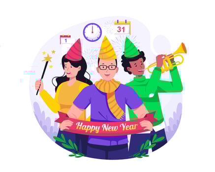 People have a party together to Celebrate New Year's eve. Man blows the trumpet, Woman sets off fireworks. Vector illustration in flat style