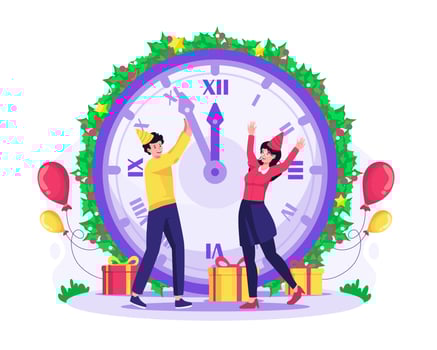 Happy New Year concept with People pushing the minutes of a giant clock to head into the new year. Vector illustration in flat style