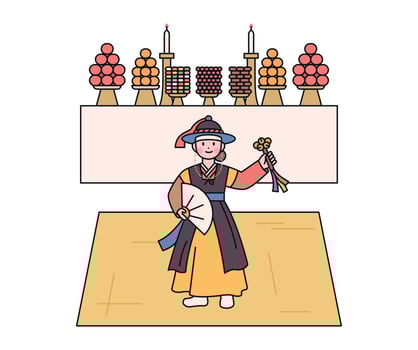 Korean traditional shamanism. A shaman performing a ancestral rite. There is an altar behind her. vector