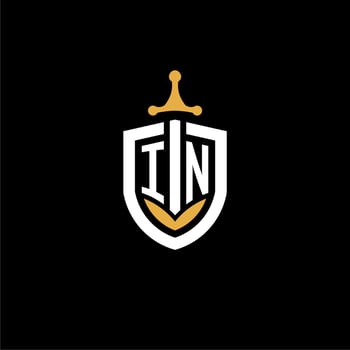 Creative letter IN logo gaming esport with shield and sword design ideas vector