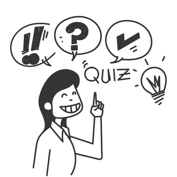 hand drawn doodle person showing Quiz logo in comic style illustration vector