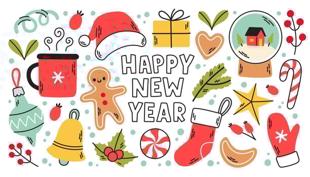 Cute sketch doodle Happy New Year set with santa hat, present, snow globe, socks, mittens, toys vector