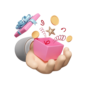 3d hands holding surprise gift box with floating star, coin, geometric shapes isolated. special offer concept, 3d render illustration png