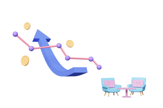 stock market uptrend chart with coffee table, sofa chair, watch investing in different currencies concept, 3d render illustration png
