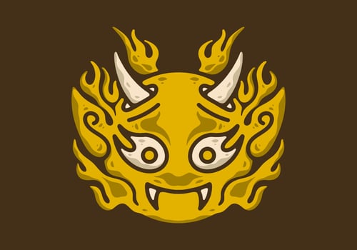 Illustration drawing of devil face with horns and flames vector