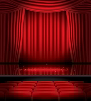 Open Red Curtains with Seats and Copy Space. vector