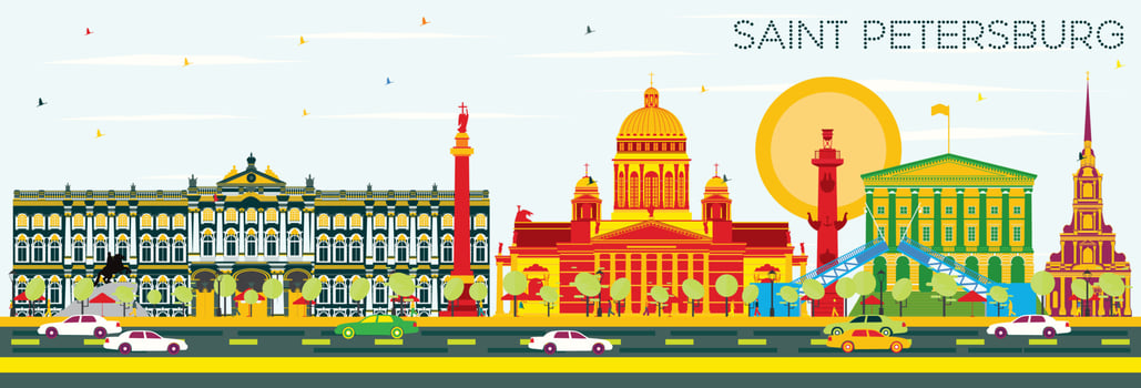 Saint Petersburg Skyline with Color Buildings and Blue Sky. vector