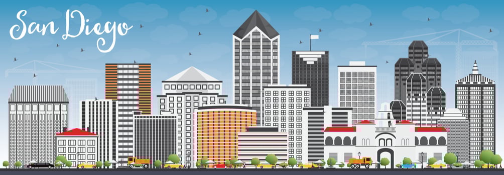San Diego Skyline with Gray Buildings and Blue Sky. vector