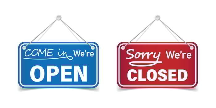 Open and closed banner icon in flat style. Schedule on door vector illustration on white isolated background. Come sign business concept.