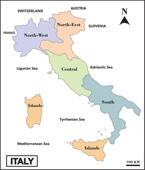 Map of Italy with five regions on colorful and white background vector