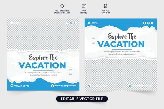 Touring group promo template design for digital marketing. Travel agency social media post vector with blue colors and brush effect. Vacation trip management agency poster design with discount section