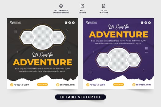 Tour and trip planner agency business promotion template for social media marketing. Travel agency advertisement web banner vector with creative shapes. Vacation trip social media post design.