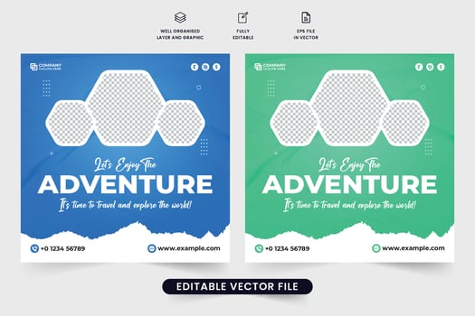 Family vacation planner and tour management agency promotional web banner. Tour and travel social media post vector with blue and green colors. Travel agency advertisement template for marketing.