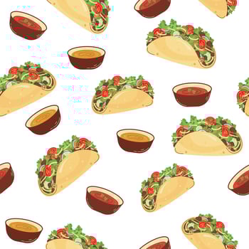 Seamless pattern with Mexican food. Tacos with sauces. Latin American food on white background. Vector illustration.