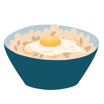 Poke bowl with rice, vegetables, egg, meat, fish, shrimp and seaweed. Asian food. Perfect for restaurant cafe and print menus. Vector hand draw cartoon illustration.