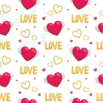 Vector seamless pattern of cartoon volumetric icons for valentines day in bright pink and gold colors. Isolated heart with wings, falling in love, lettering. Stickers for decoration.