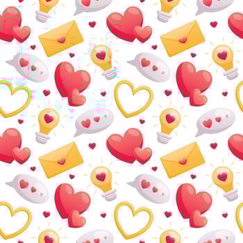 Vector seamless pattern of cartoon volumetric icons for valentines day. Isolated heart, falling in love, letter and bubble speech. Stickers for decoration.