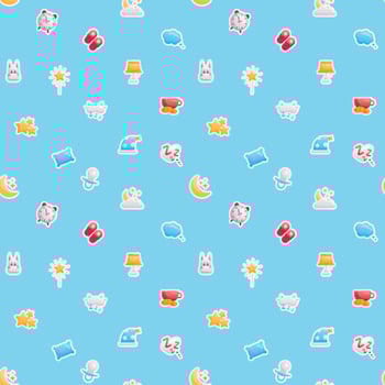 Vector pattern of cute bright stickers. Sleep time theme icons. Cute decorations for baby items, wrapping paper and room. Image of the moon and stars, alarm clock, pillow, dreams.