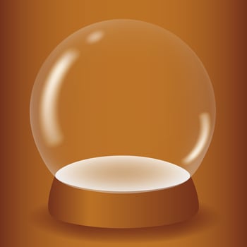 Empty transparent snow globe 3D on a golden background. White podium under a glass dome for product promotion. Design element for various holidays and advertising. Vector illustration.