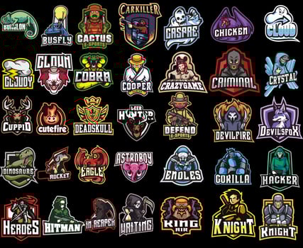 Set of colorful Esports logos, emblems. Logos of knights, horses, dragon, shark, snake, viking, baseball, bear, eagle, cowboy,tiger.Vector illustration isolated on background vector