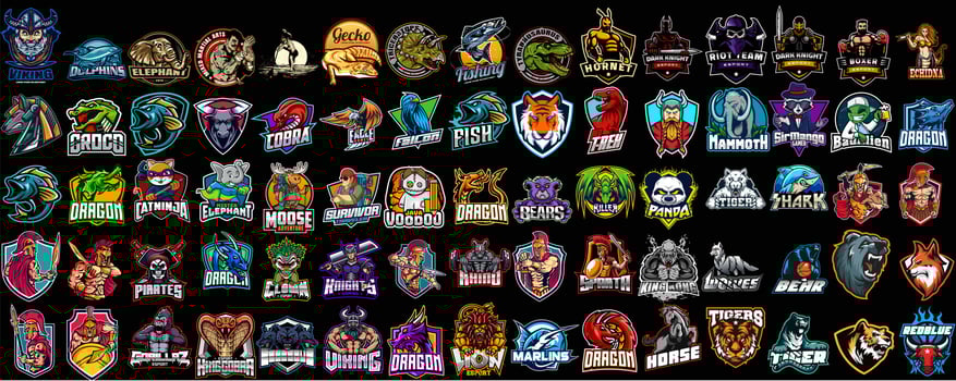 Huge set of colorful sports logos, emblems. Logos of knights, horses, dragon, shark, snake, viking, baseball, bear, eagle, cowboy,tiger.Vector illustration isolated on background vector