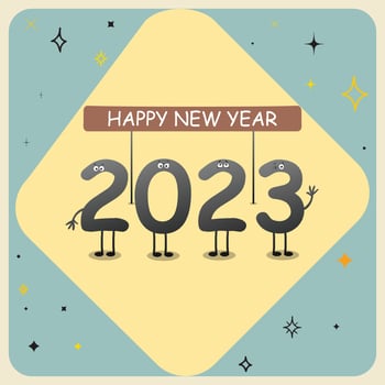 funny cartoons greeting card, happy new year 2023, pro vector