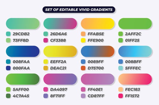 Set of green, blue, yellow, purple and neon vivid gradients with HEX codes vector