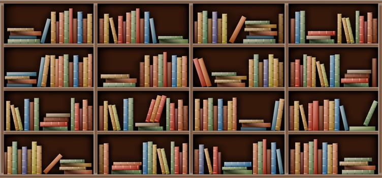 White bookshelf mockup, books on shelf in library vector