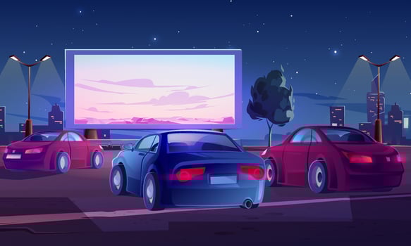 Car street cinema. Drive-in theater with auto vector