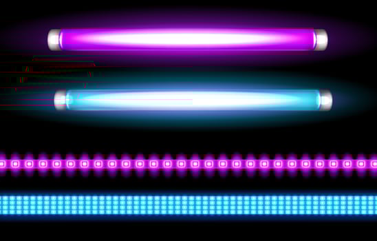 Neon tube lamps and led strips, long light bulbs vector