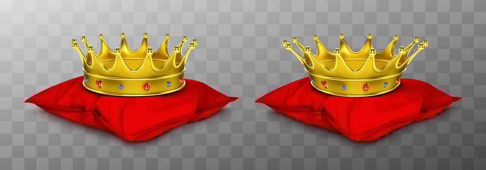 Gold royal crown for king and queen on red pillow vector