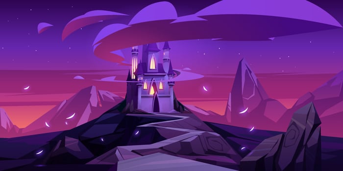 Vector cartoon magic castle in mountains at night